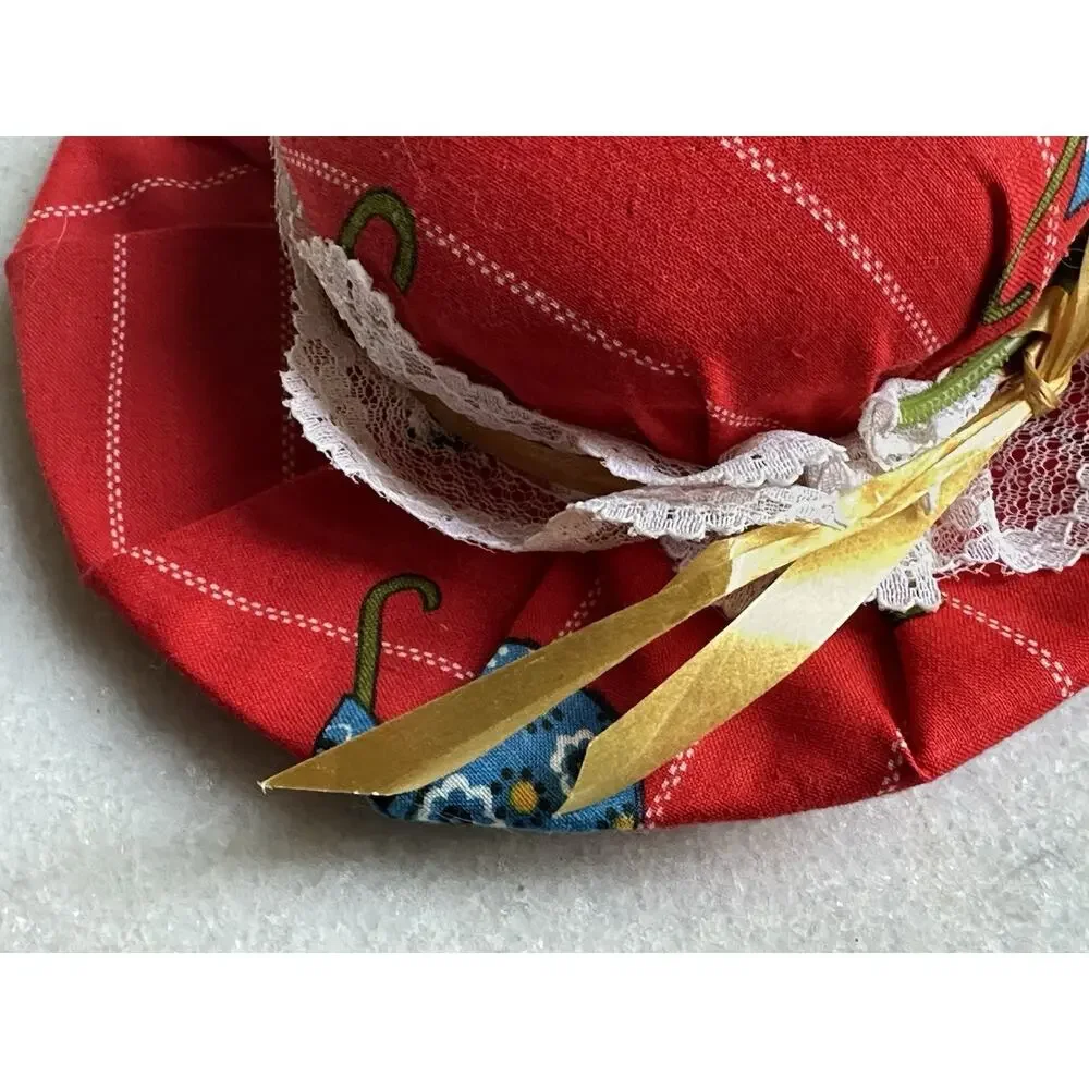red hat Pin Needle Cushion vintage lacy brim flower sewing Accessories 6” X 6”